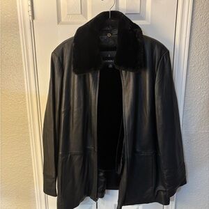 London Fog Black Leather Jacket with Faux Fur Collar